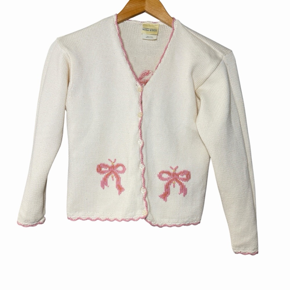 Laura Ashley‎ Girls Cardigan 10-11 Ivory Pink Bow Floral Cotton Cottagecore